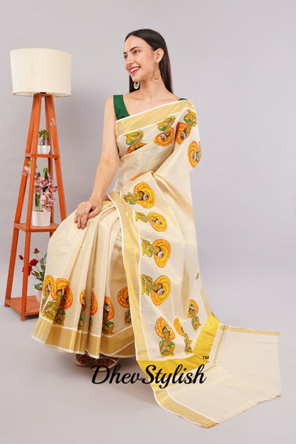 DhevStylish Kerala Kasavu Golden Tissue with Umberlla Women Design Print Saree with Running Blouse | Green, Red (Red, Green)