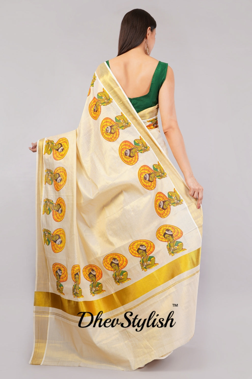 DhevStylish Kerala Kasavu Golden Tissue with Umberlla Women Design Print Saree with Running Blouse | Green, Red (Red, Green)