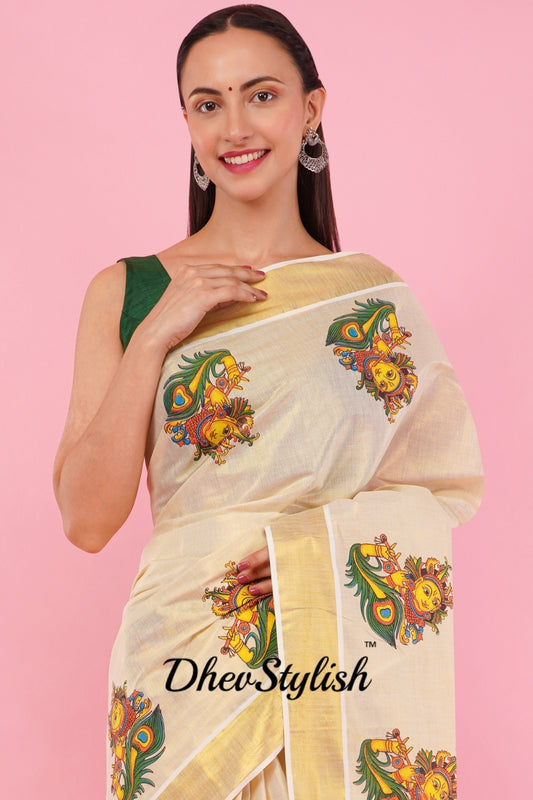 DhevStylish Kerala Kasavu Golden Tissue with Krishna Print Saree with Running Blouse