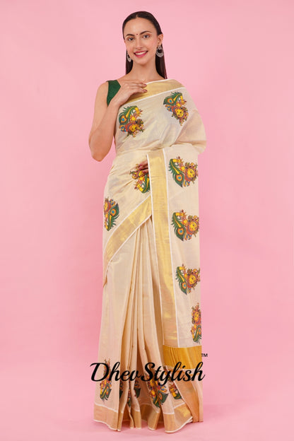 DhevStylish Kerala Kasavu Golden Tissue with Krishna Print Saree with Running Blouse