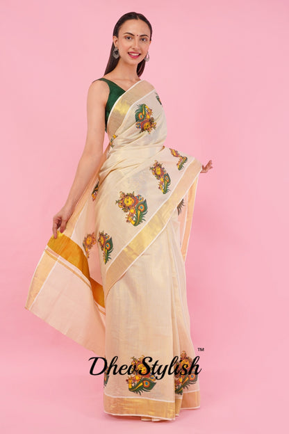 DhevStylish Kerala Kasavu Golden Tissue with Krishna Print Saree with Running Blouse