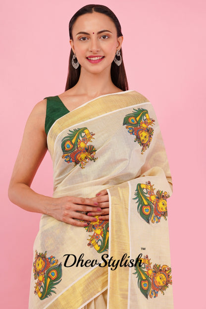 DhevStylish Kerala Kasavu Golden Tissue with Krishna Print Saree with Running Blouse