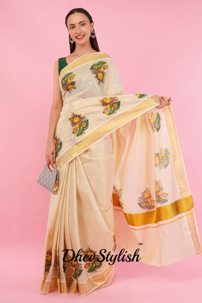 DhevStylish Kerala Kasavu Golden Tissue with Krishna Print Saree with Running Blouse