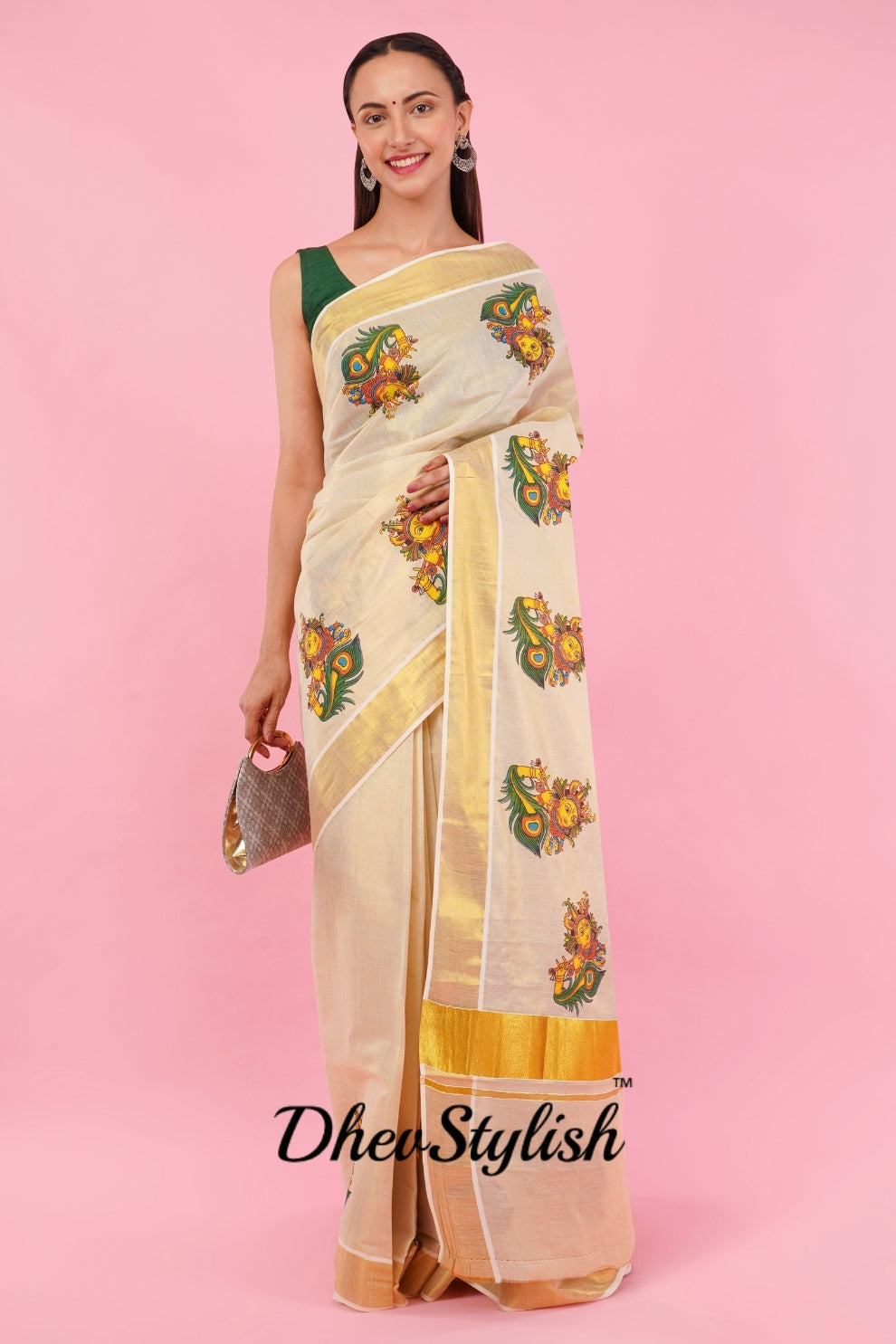 DhevStylish Kerala Kasavu Golden Tissue with Krishna Print Saree with Running Blouse