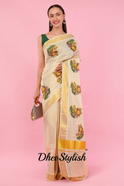 DhevStylish Kerala Kasavu Golden Tissue with Krishna Print Saree with Running Blouse