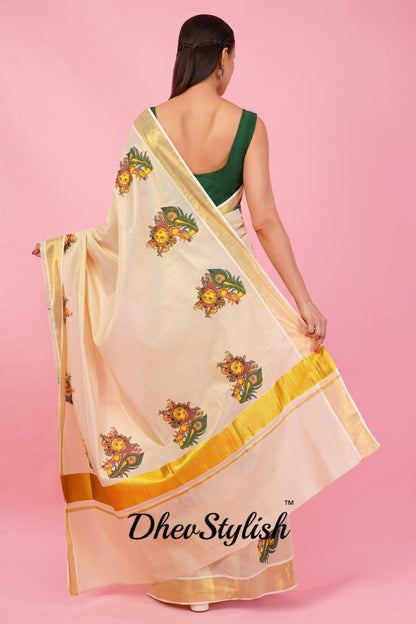 DhevStylish Kerala Kasavu Golden Tissue with Krishna Print Saree with Running Blouse