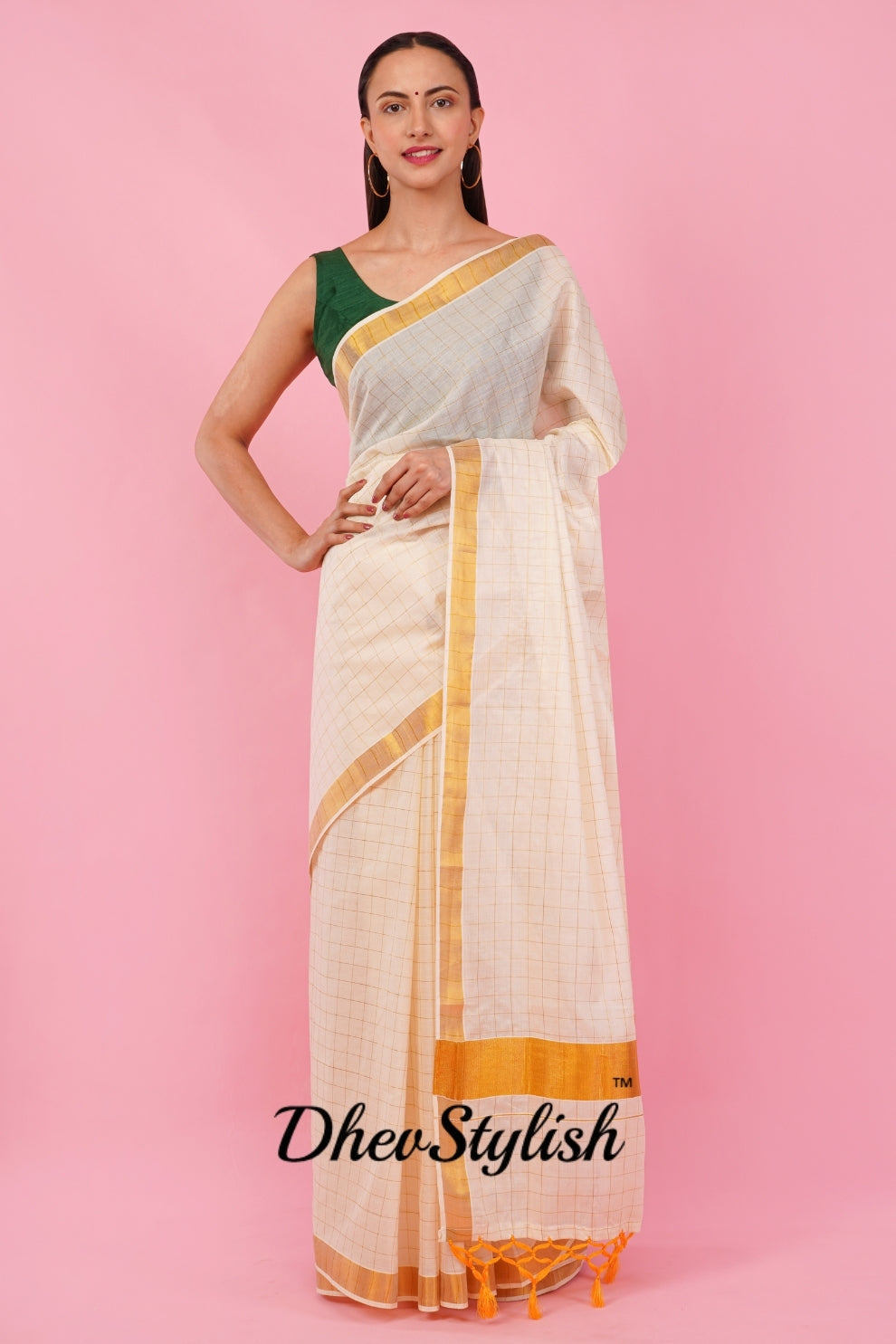 DhevStylish Womens Kerala Kasavu Golden Checked Plain Tassel saree with Running Blouse | Saree Length: 6.25 Meter | (GOLD, WHITE, RED)