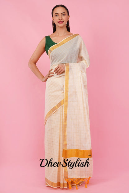 DhevStylish Womens Kerala Kasavu Golden Checked Plain Tassel saree with Running Blouse | Saree Length: 6.25 Meter | (GOLD, WHITE, RED)