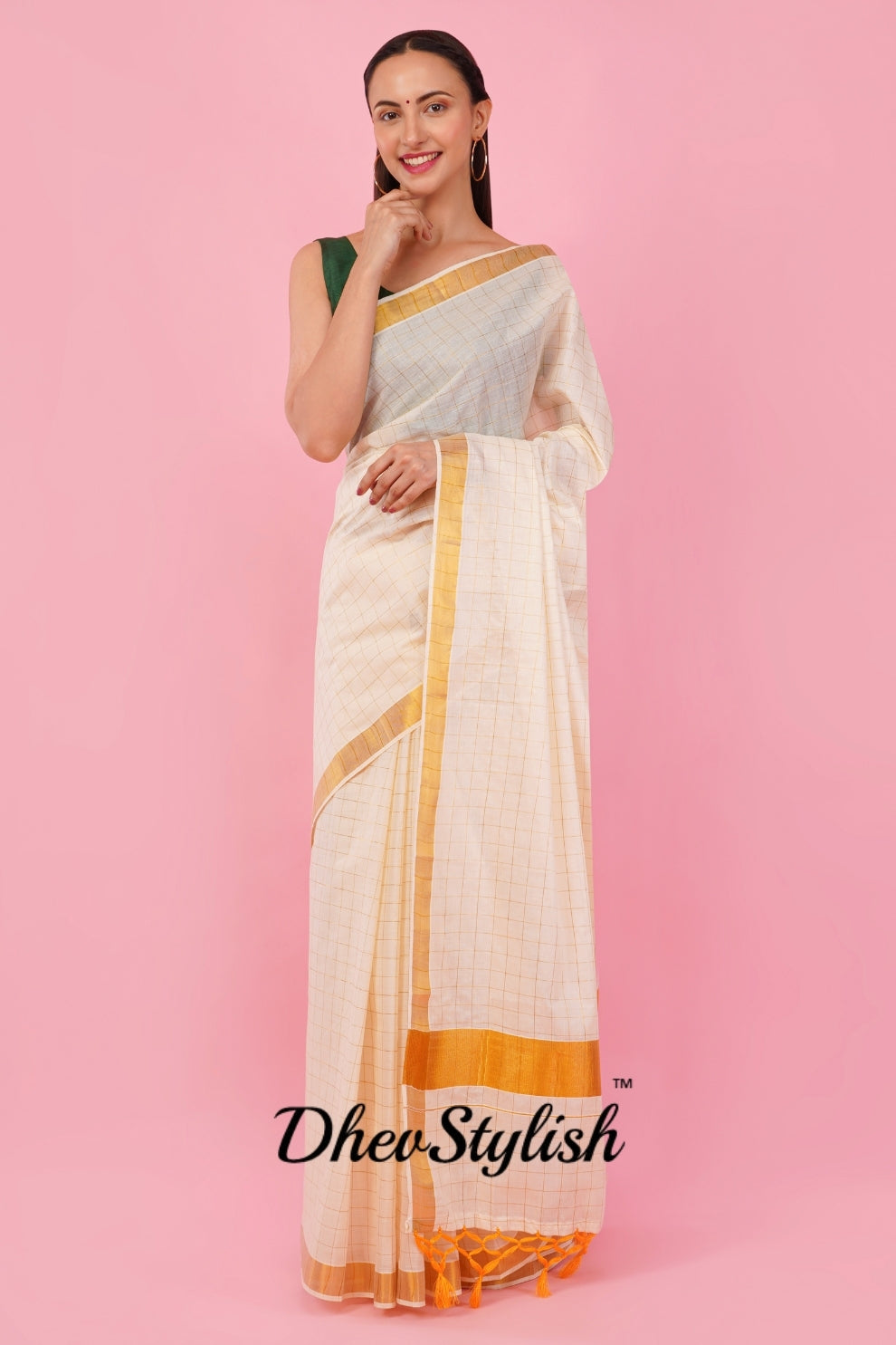 DhevStylish Womens Kerala Kasavu Golden Checked Plain Tassel saree with Running Blouse | Saree Length: 6.25 Meter | (GOLD, WHITE, RED)