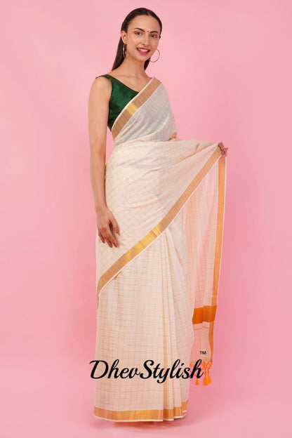 DhevStylish Womens Kerala Kasavu Golden Checked Plain Tassel saree with Running Blouse | Saree Length: 6.25 Meter | (GOLD, WHITE, RED)