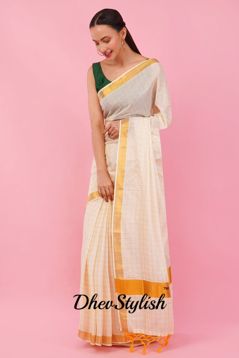 DhevStylish Womens Kerala Kasavu Golden Checked Plain Tassel saree with Running Blouse | Saree Length: 6.25 Meter | (GOLD, WHITE, RED)