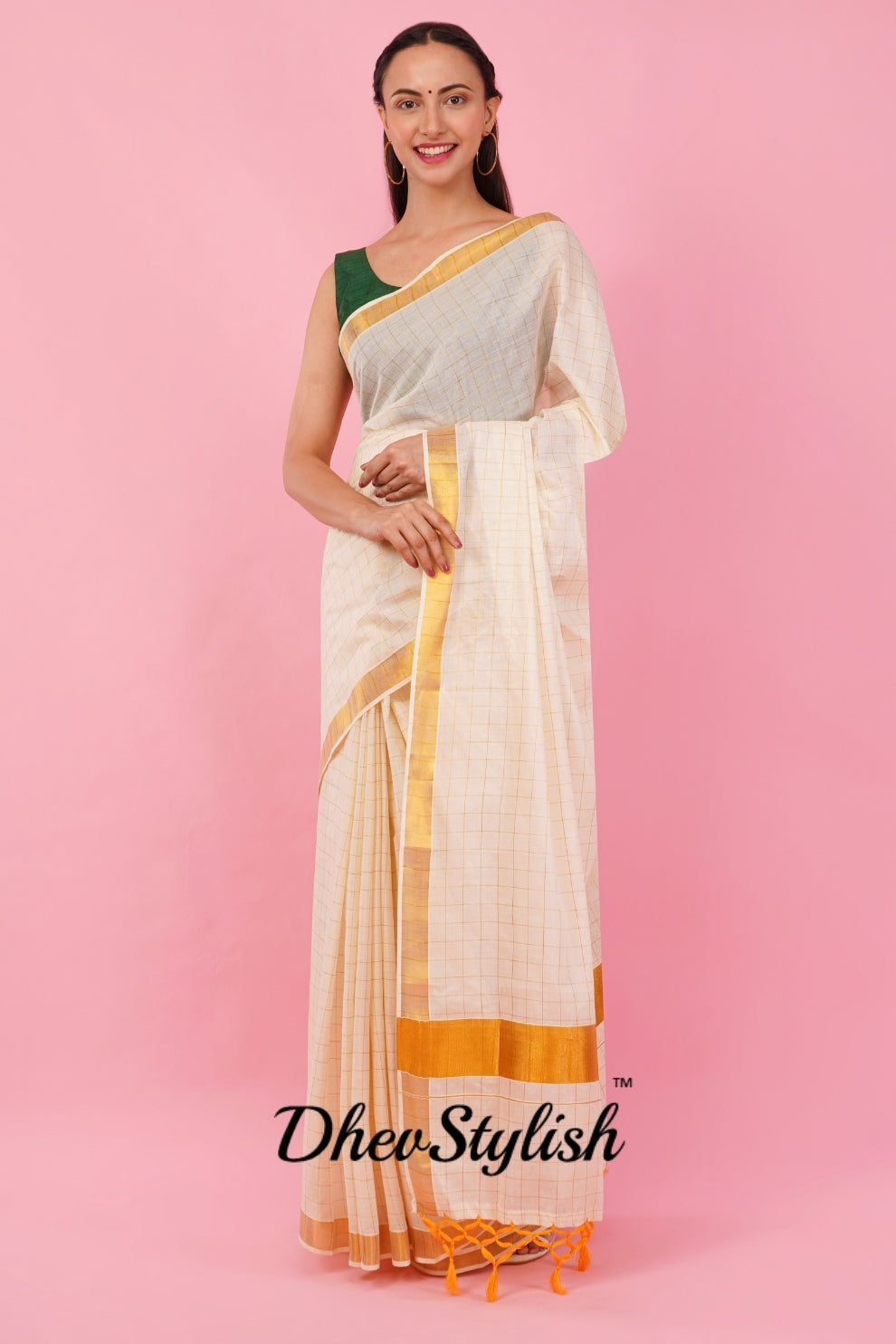 DhevStylish Womens Kerala Kasavu Golden Checked Plain Tassel saree with Running Blouse | Saree Length: 6.25 Meter | (GOLD, WHITE, RED)
