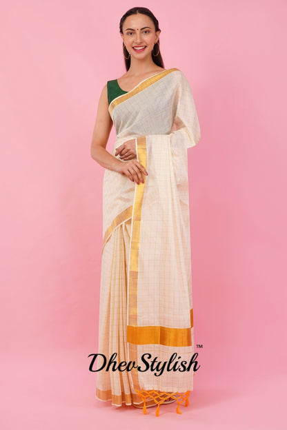 DhevStylish Womens Kerala Kasavu Golden Checked Plain Tassel saree with Running Blouse | Saree Length: 6.25 Meter | (GOLD, WHITE, RED)