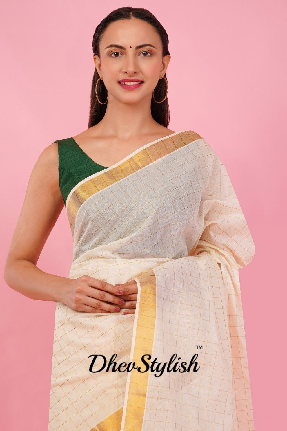 DhevStylish Womens Kerala Kasavu Golden Checked Plain Tassel saree with Running Blouse | Saree Length: 6.25 Meter | (GOLD, WHITE, RED)