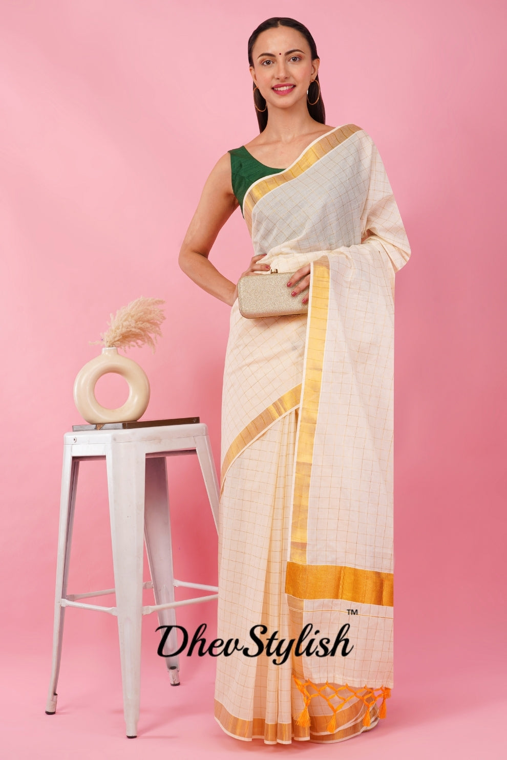DhevStylish Womens Kerala Kasavu Golden Checked Plain Tassel saree with Running Blouse | Saree Length: 6.25 Meter | (GOLD, WHITE, RED)