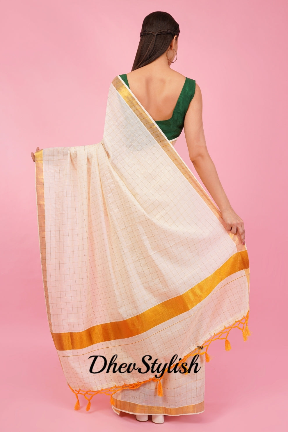 DhevStylish Womens Kerala Kasavu Golden Checked Plain Tassel saree with Running Blouse | Saree Length: 6.25 Meter | (GOLD, WHITE, RED)
