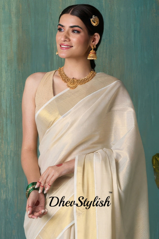 DhevStylish Women's Kerala Kasavu Golden Tissue Plain Saree with Running Blouse | Saree length: 6.25 Meters | Blouse: Running Blouse only