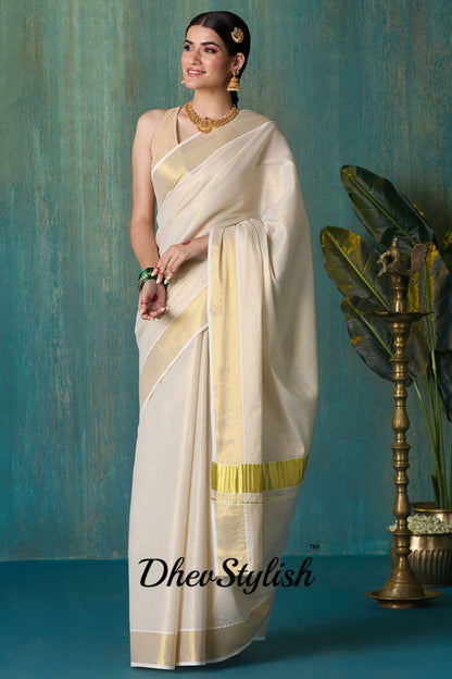 DhevStylish Women's Kerala Kasavu Golden Tissue Plain Saree with Running Blouse | Saree length: 6.25 Meters | Blouse: Running Blouse only