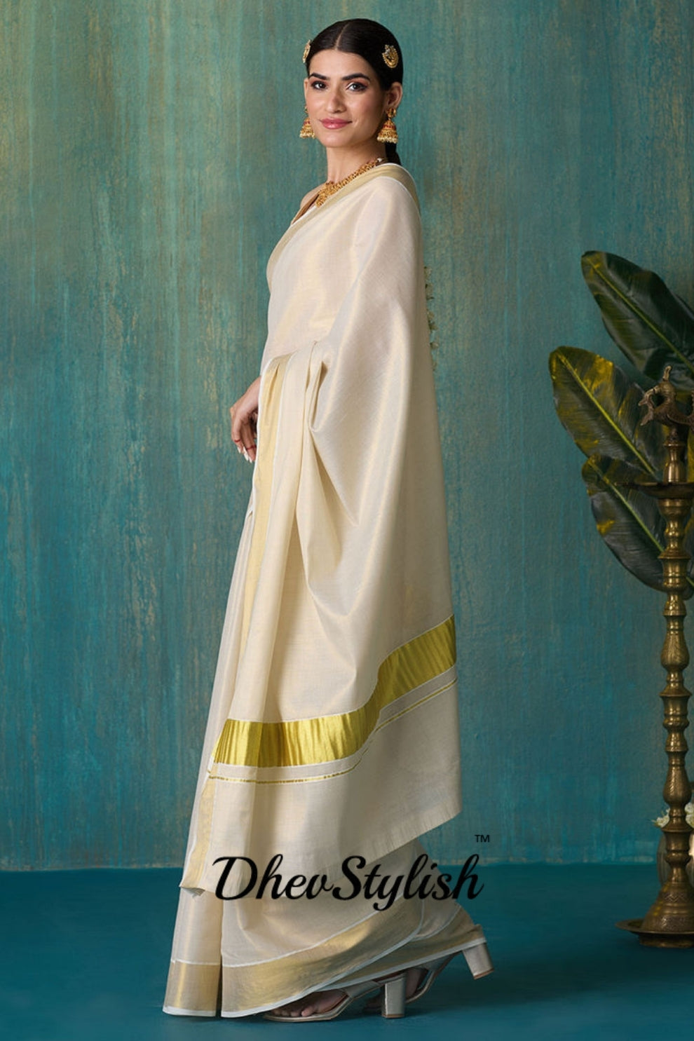 DhevStylish Women's Kerala Kasavu Golden Tissue Plain Saree with Running Blouse | Saree length: 6.25 Meters | Blouse: Running Blouse only