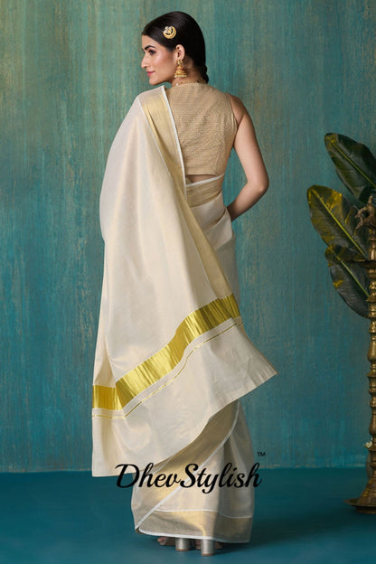 DhevStylish Women's Kerala Kasavu Golden Tissue Plain Saree with Running Blouse | Saree length: 6.25 Meters | Blouse: Running Blouse only