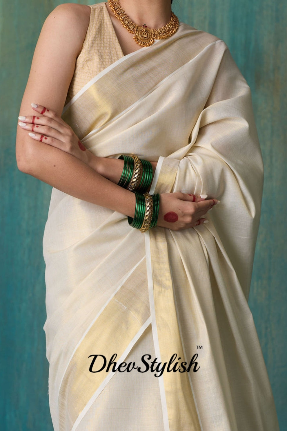 DhevStylish Women's Kerala Kasavu Golden Tissue Plain Saree with Running Blouse | Saree length: 6.25 Meters | Blouse: Running Blouse only
