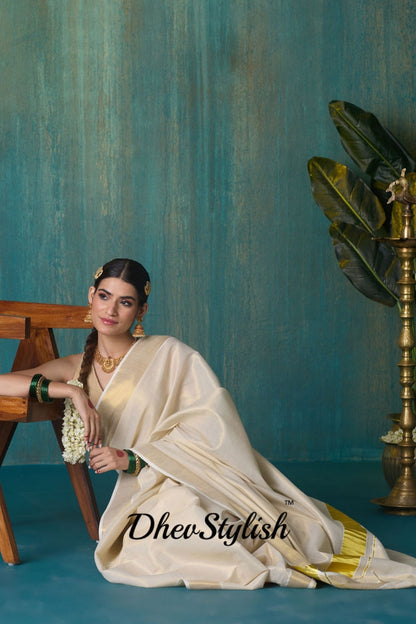 DhevStylish Women's Kerala Kasavu Golden Tissue Plain Saree with Running Blouse | Saree length: 6.25 Meters | Blouse: Running Blouse only