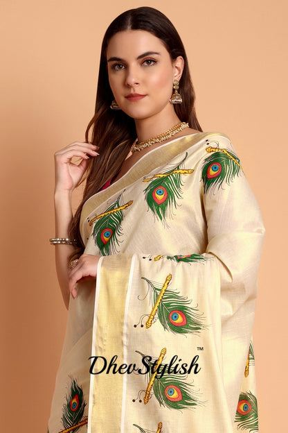 DhevStylish Kerala Kasavu Golden Tissue with Peacock Feather Print Saree with Running Blouse | Green, Red