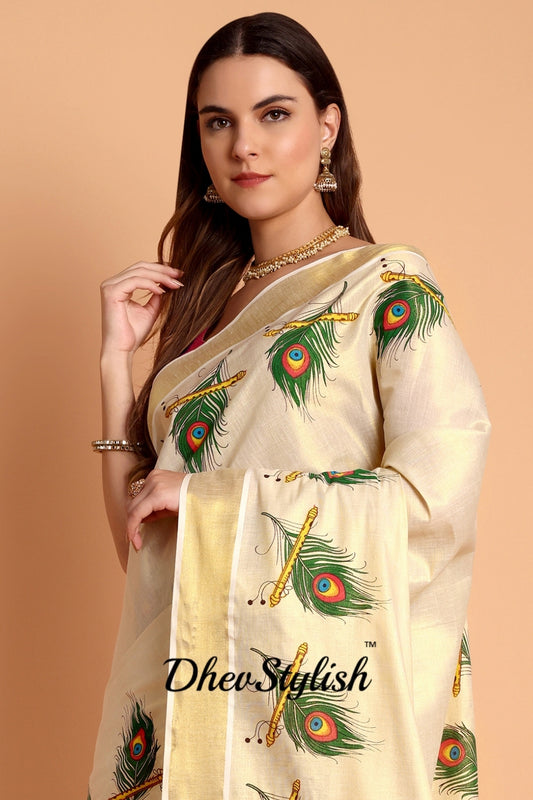 DhevStylish Kerala Kasavu Golden Tissue with Peacock Feather Print Saree with Running Blouse | Green, Red