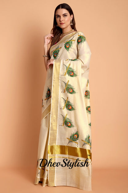 DhevStylish Kerala Kasavu Golden Tissue with Peacock Feather Print Saree with Running Blouse | Green, Red