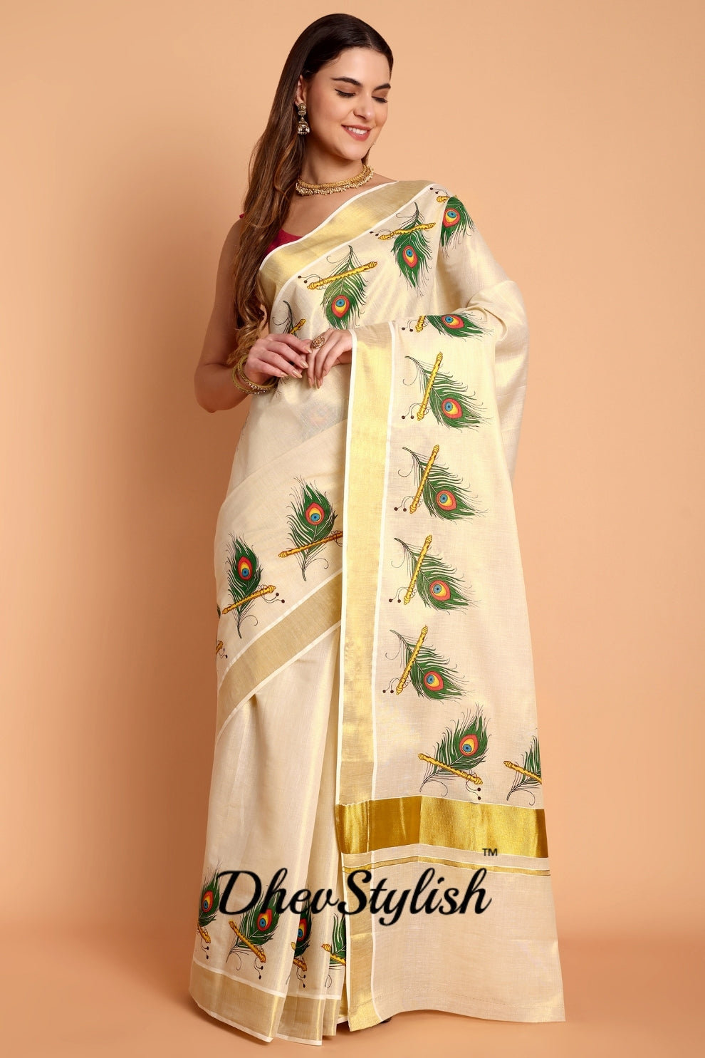 DhevStylish Kerala Kasavu Golden Tissue with Peacock Feather Print Saree with Running Blouse | Green, Red