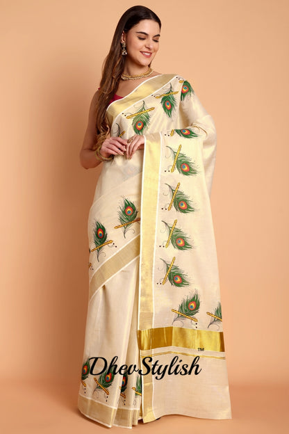 DhevStylish Kerala Kasavu Golden Tissue with Peacock Feather Print Saree with Running Blouse | Green, Red