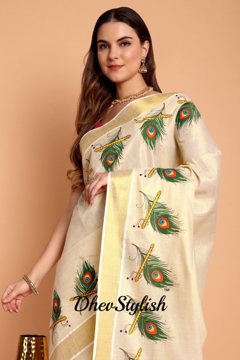 DhevStylish Kerala Kasavu Golden Tissue with Peacock Feather Print Saree with Running Blouse | Green, Red
