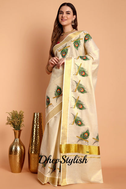 DhevStylish Kerala Kasavu Golden Tissue with Peacock Feather Print Saree with Running Blouse | Green, Red