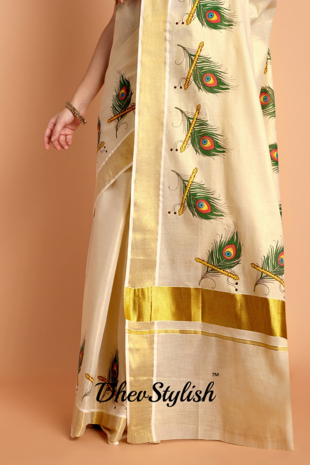 DhevStylish Kerala Kasavu Golden Tissue with Peacock Feather Print Saree with Running Blouse | Green, Red