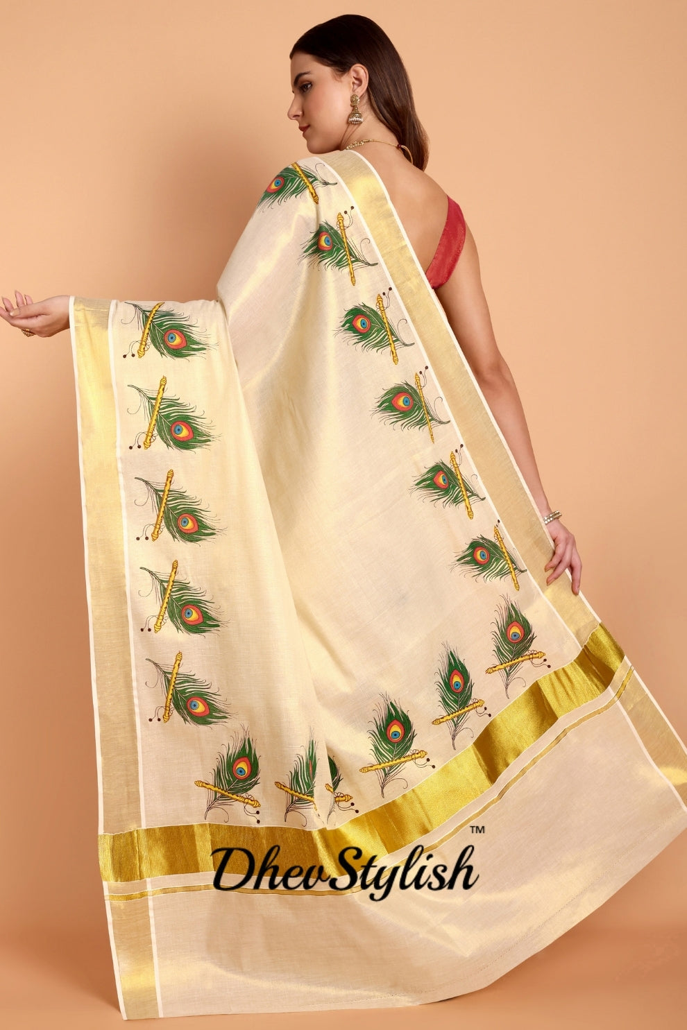 DhevStylish Kerala Kasavu Golden Tissue with Peacock Feather Print Saree with Running Blouse | Green, Red