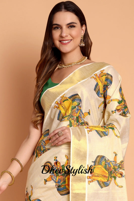DhevStylish Kerala Kasavu Golden Tissue with Kathakali Print Saree with Running Blouse | Green, Golden Yellow