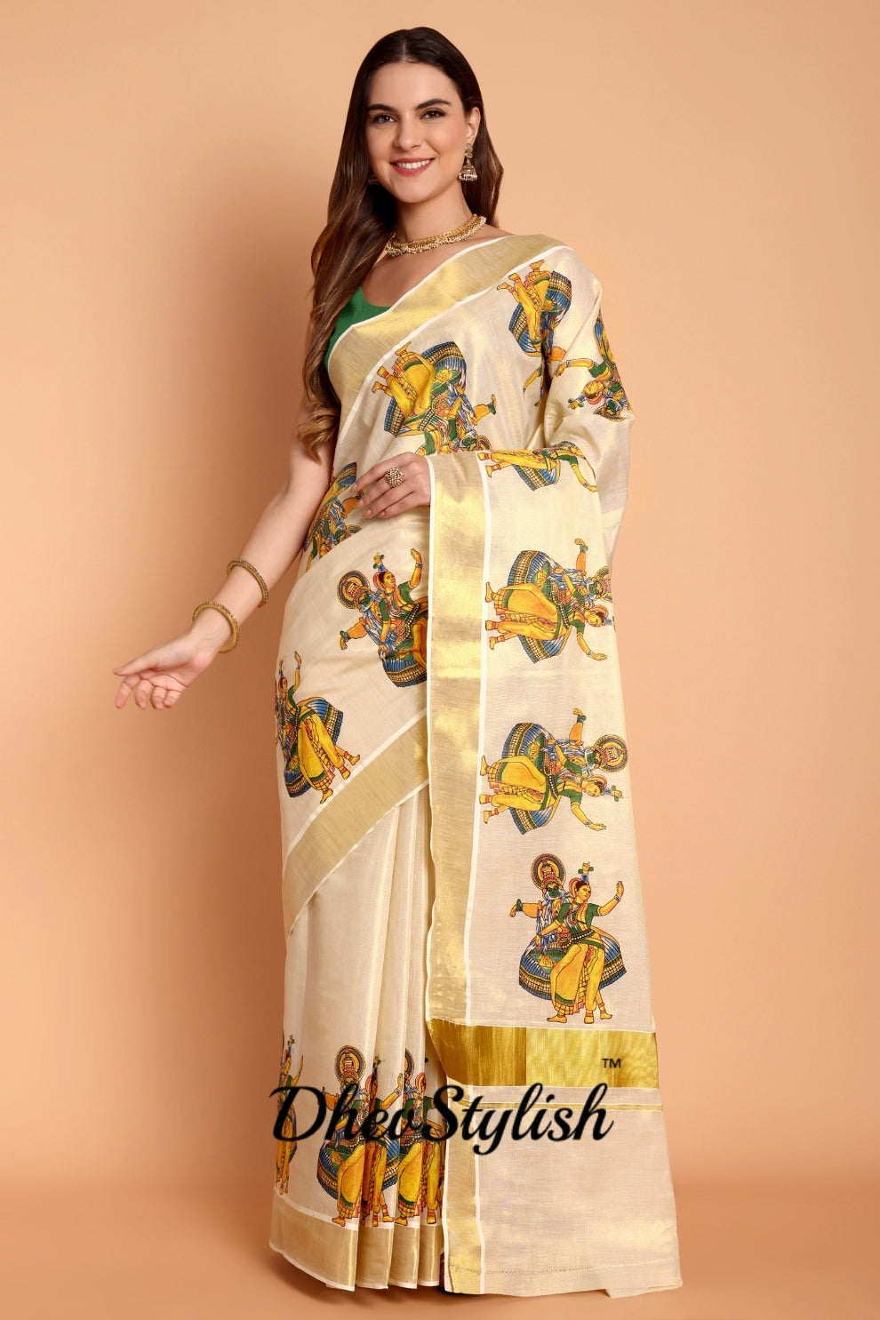 DhevStylish Kerala Kasavu Golden Tissue with Kathakali Print Saree with Running Blouse | Green, Golden Yellow
