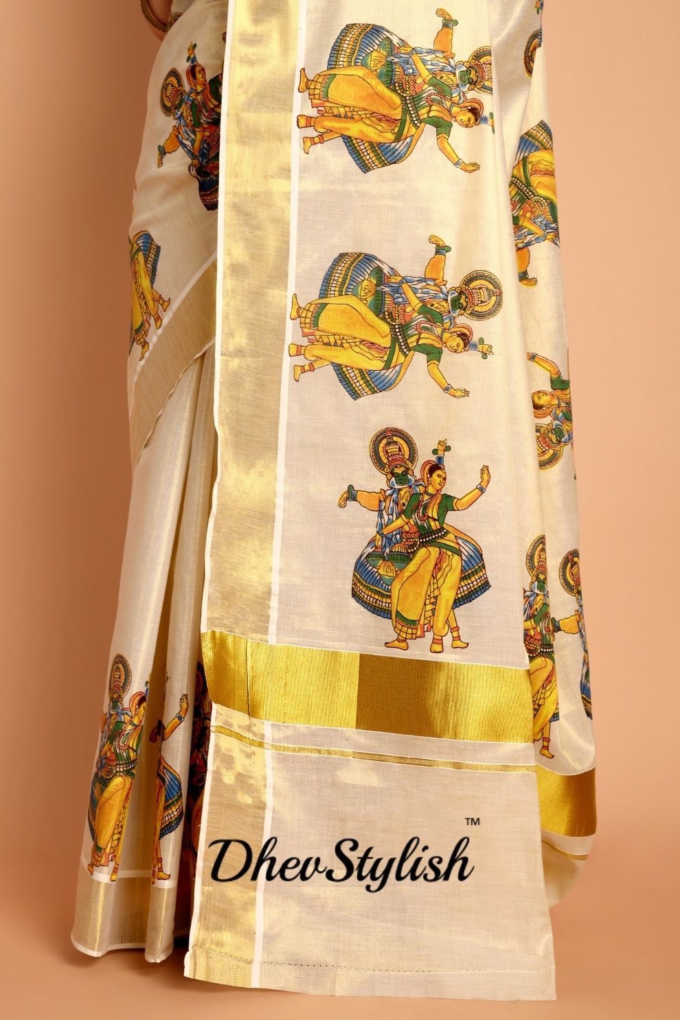 DhevStylish Kerala Kasavu Golden Tissue with Kathakali Print Saree with Running Blouse | Green, Golden Yellow