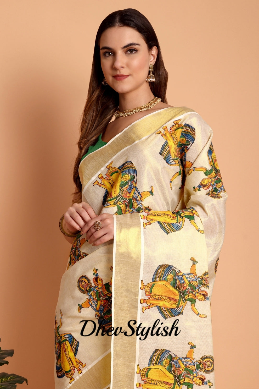 DhevStylish Kerala Kasavu Golden Tissue with Kathakali Print Saree with Running Blouse | Green, Golden Yellow