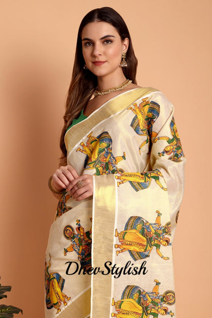 DhevStylish Kerala Kasavu Golden Tissue with Kathakali Print Saree with Running Blouse | Green, Golden Yellow