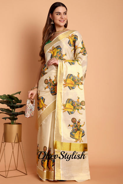 DhevStylish Kerala Kasavu Golden Tissue with Kathakali Print Saree with Running Blouse | Green, Golden Yellow