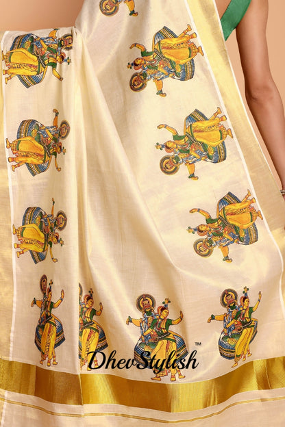 DhevStylish Kerala Kasavu Golden Tissue with Kathakali Print Saree with Running Blouse | Green, Golden Yellow