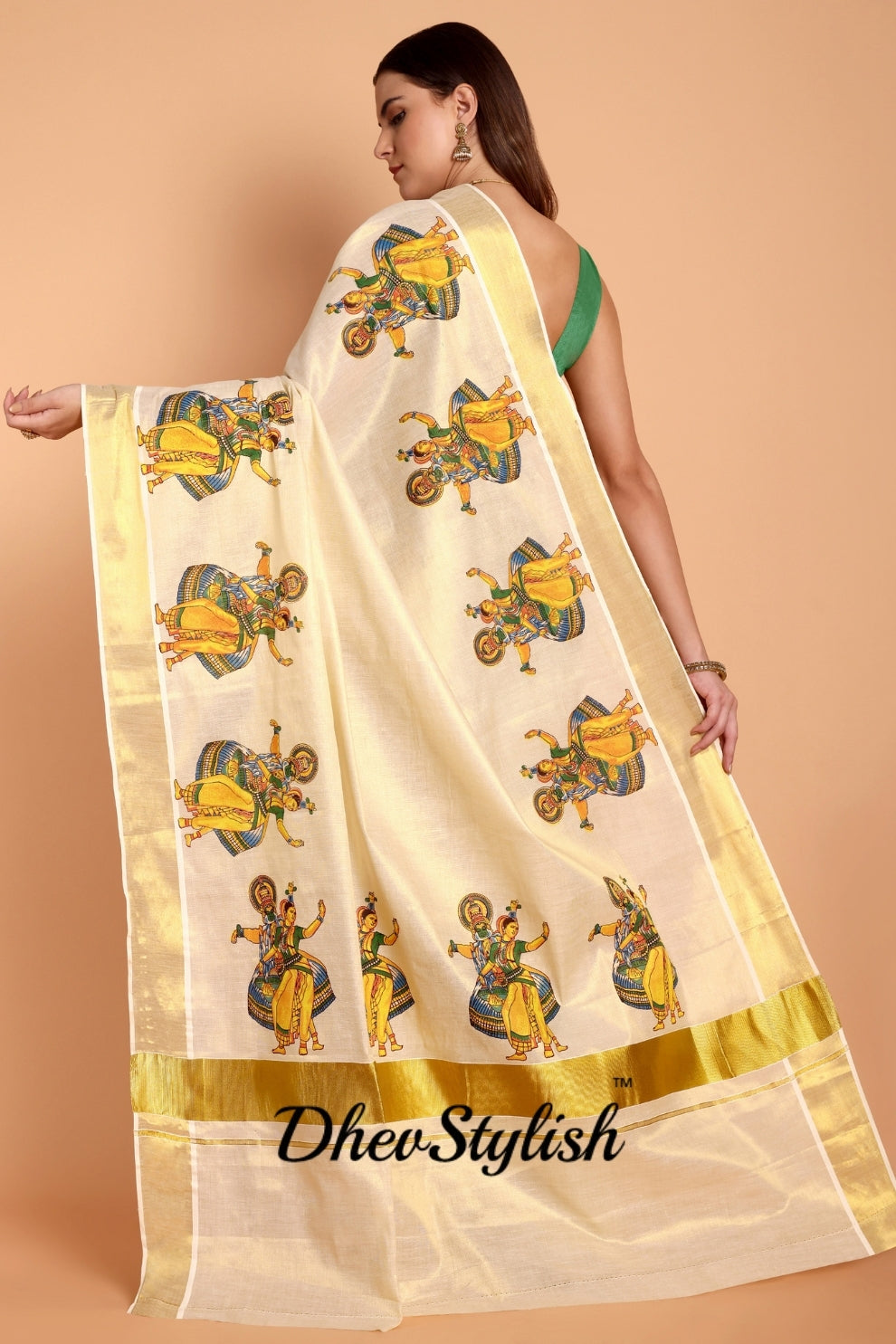 DhevStylish Kerala Kasavu Golden Tissue with Kathakali Print Saree with Running Blouse | Green, Golden Yellow