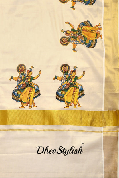 DhevStylish Kerala Kasavu Golden Tissue with Kathakali Print Saree with Running Blouse | Green, Golden Yellow