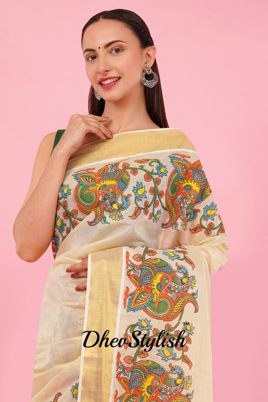 DhevStylish Kerala Kasavu Golden Tissue with Climber Dragon Print Design Saree with Running Blouse | Green, Red (Red, Gold)