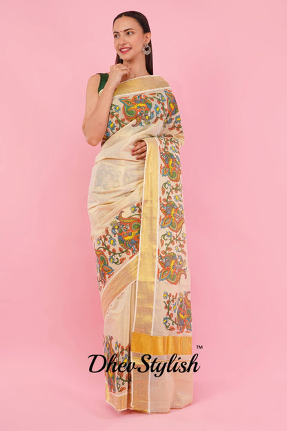 DhevStylish Kerala Kasavu Golden Tissue with Climber Dragon Print Design Saree with Running Blouse | Green, Red (Red, Gold)