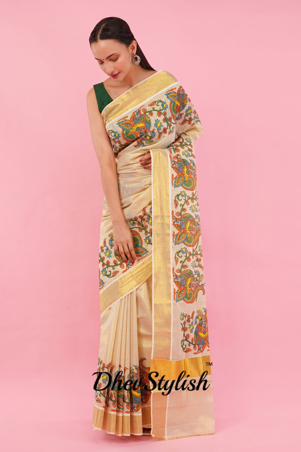 DhevStylish Kerala Kasavu Golden Tissue with Climber Dragon Print Design Saree with Running Blouse | Green, Red (Red, Gold)