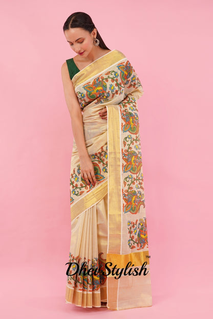 DhevStylish Kerala Kasavu Golden Tissue with Climber Dragon Print Design Saree with Running Blouse | Green, Red (Red, Gold)