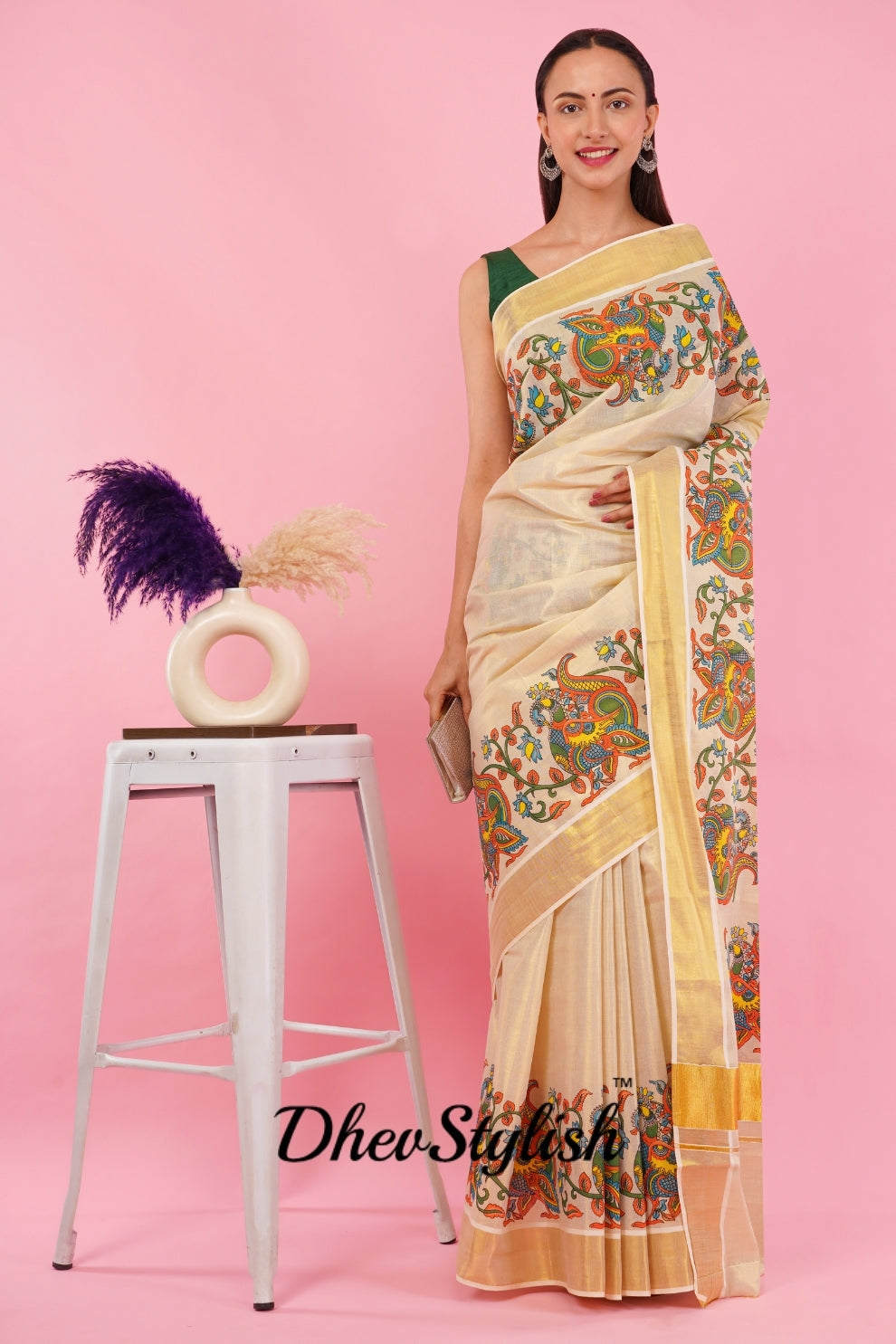 DhevStylish Kerala Kasavu Golden Tissue with Climber Dragon Print Design Saree with Running Blouse | Green, Red (Red, Gold)