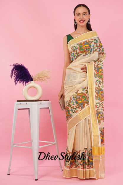 DhevStylish Kerala Kasavu Golden Tissue with Climber Dragon Print Design Saree with Running Blouse | Green, Red (Red, Gold)